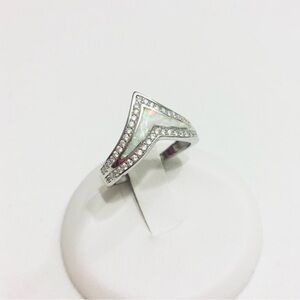 Sterling Silver CZ and White Lab Opal V Shape Ring, October Birthstone Ring,